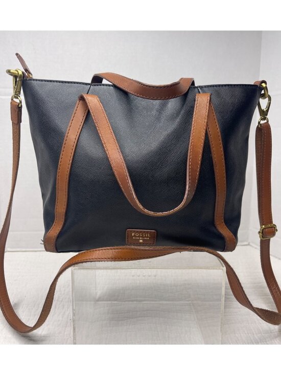 Fossil Handbags - Fossil 1954 Black Brown Leather-Trimmed Classic Tote Bag Crossbody Strap